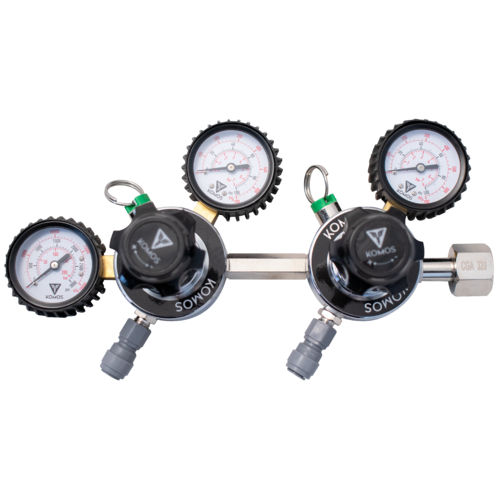 KOMOS® Dual Body (Double) CO2 Regulator: 0-60 PSI/ 1/4" Flare