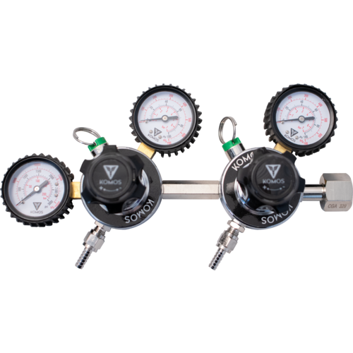 KOMOS® Dual Body (Double) CO2 Regulator: 0-60 PSI/ 1/4" Flare