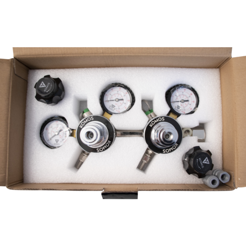 KOMOS® Dual Body (Double) CO2 Regulator: 0-60 PSI/ 1/4" Flare